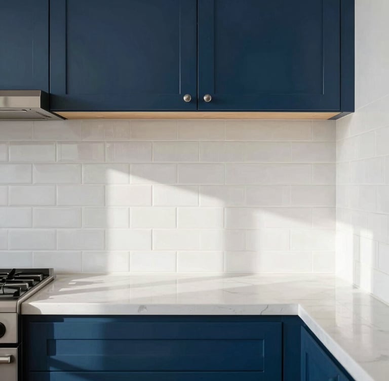 High-contrast architectural shot of a modern kitchen remodel in San Antonio, clean tile lines, natural Texas daylight, sharp focus.