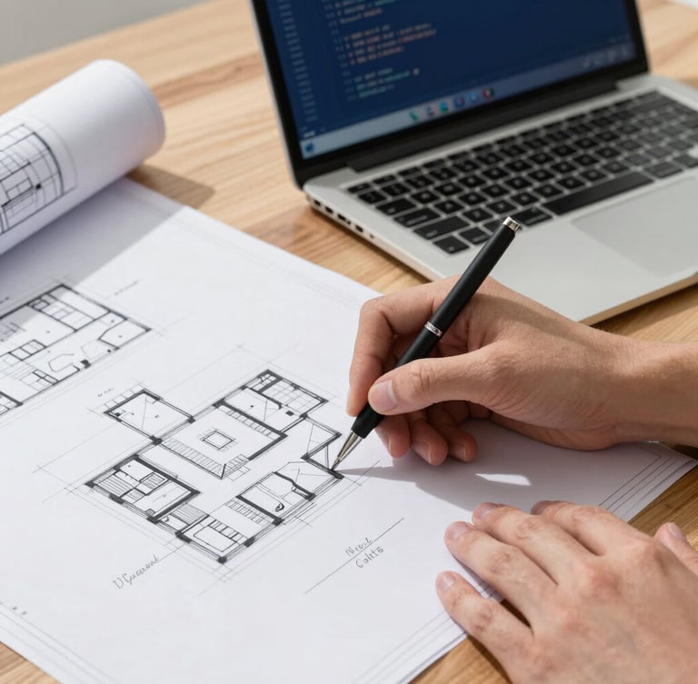 Close-up of hands sketching architectural blueprints on a wooden desk next to an open laptop displaying clean code, bright Texas daylight, sharp focus
