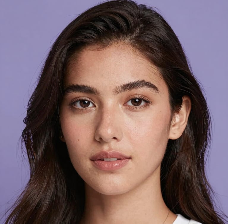 Minimalist editorial portrait of a young woman with elegant styling, soft lilac studio lighting, high-fashion composition, 85mm lens