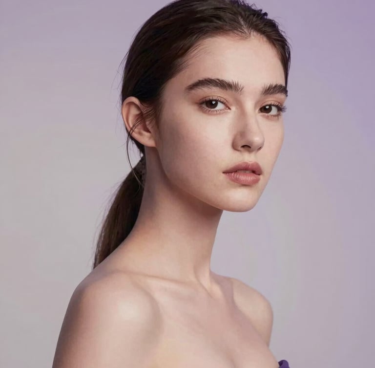 High-fashion editorial portrait of a young woman with elegant styling, soft diffused studio lighting with gentle lilac shadows, minimalist bone-toned background, 85mm lens, shallow depth of field.