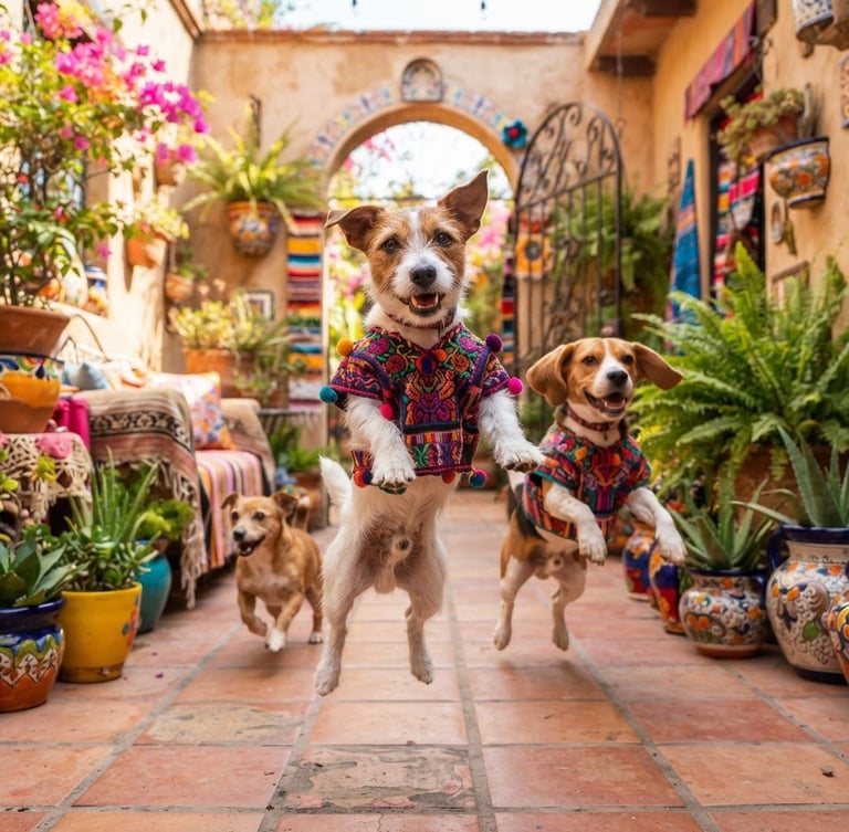 Vibrant playful dogs jumping in a sunny Mexican courtyard, wearing colorful handmade shirts, bright natural daylight, eye-level shot, sharp focus