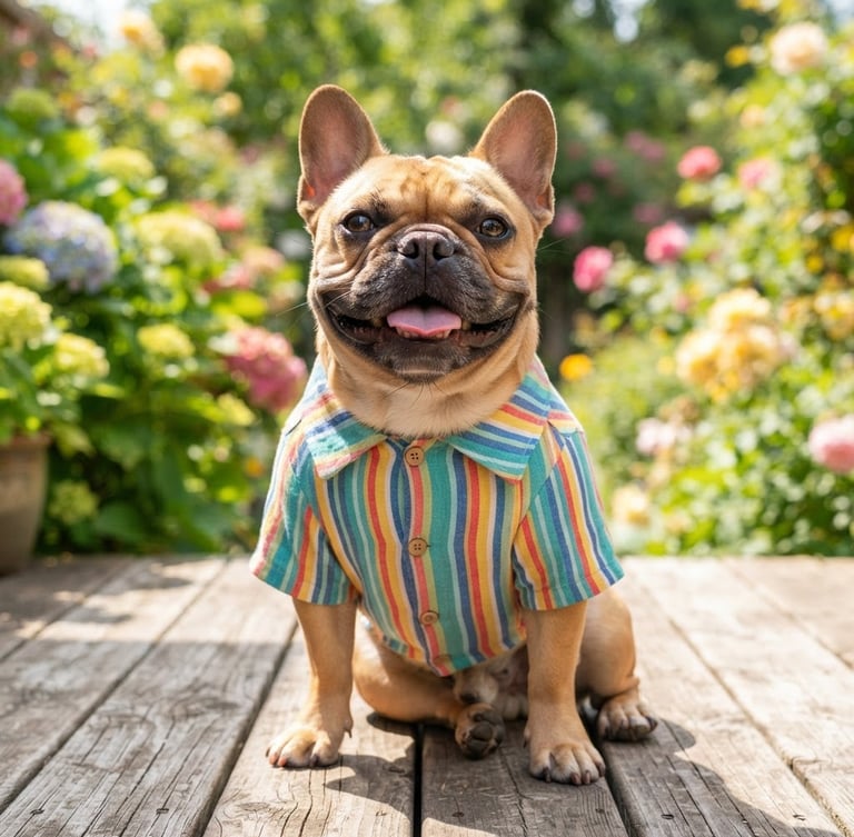 Bright cheerful French Bulldog wearing a custom tailored colorful striped shirt, sitting happily in natural daylight, vibrant tones, eye-level shot
