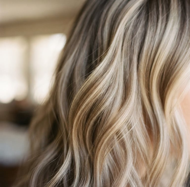 Close-up of soft balayage hair texture, warm natural window light, muted cream and taupe tones, shallow depth of field, 35mm