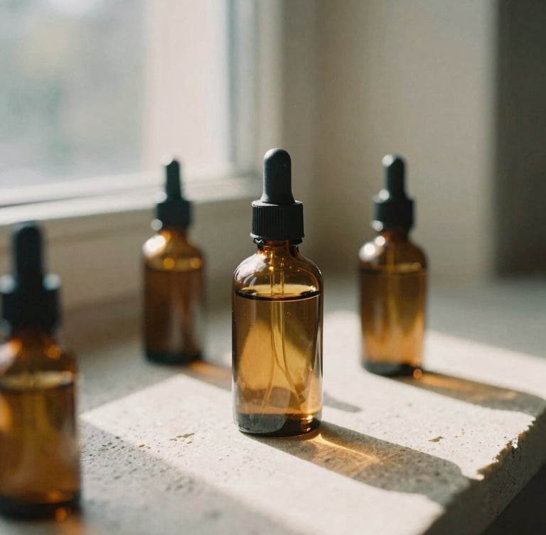 Close-up of elegant amber glass apothecary bottles on a raw stone surface, soft morning sunlight streaming through a window, warm shadows, 35mm film look
