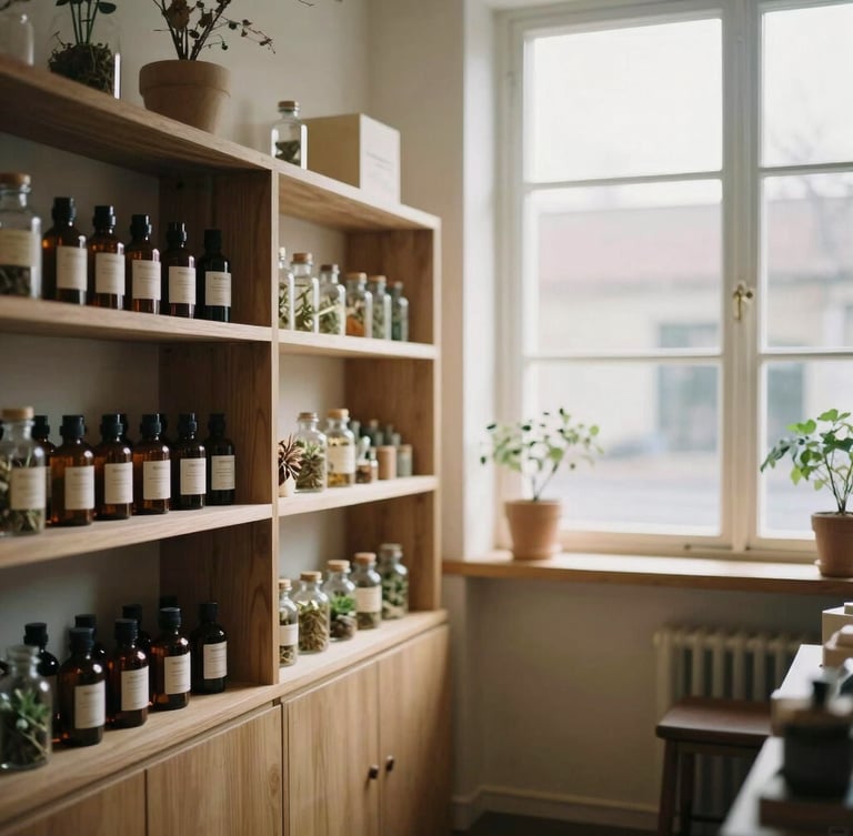 Warm minimalist interior of an apothecary shop, soft morning window light highlighting wooden shelves with curated botanicals, peaceful atmosphere