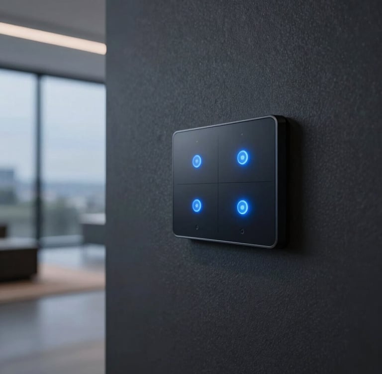 Sleek wall-mounted touch panel on a dark textured wall in a minimalist architectural space, soft blue LED indicators glowing, shallow depth of field, 35mm lens, premium corporate mood