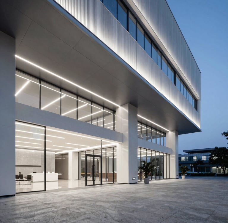 Architectural vertical portrait of a modern office lobby with clean lines, high ceilings, integrated smart linear lighting, polished concrete floor