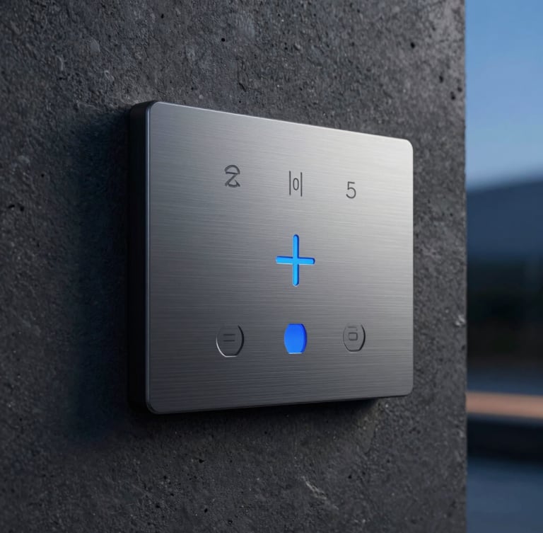 Extreme close-up of a premium brushed metal smart home touch panel mounted on a dark textured concrete wall, subtle blue LED indicator light, sharp focus, high-end interior