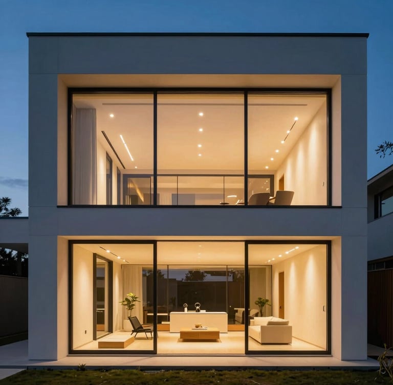 Wide shot of a modern minimalist villa interior at dusk, warm golden interior lighting contrasted with cool blue ambient sky, clean lines, high-contrast, premium corporate mood
