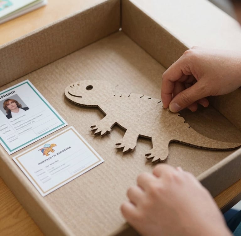 Close-up of hands arranging flat-packed cardboard reptile templates and miniature adoption certificates in a neat classroom shipping box, natural light