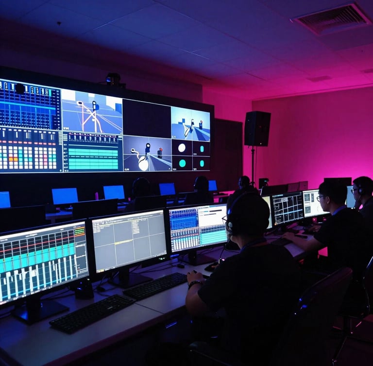 Wide-angle view of a high-tech event control booth, glowing monitor screens showing audio levels and video feeds, professional technician in silhouette, ambient magenta and blue stage lighting, 35mm