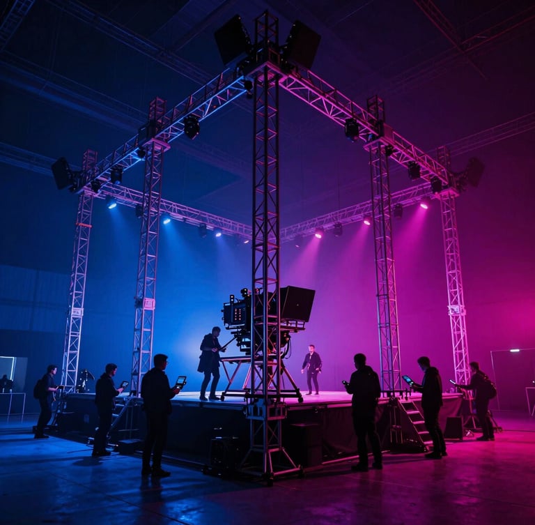 Wide-angle dramatic shot of a technical production crew setting up a massive stage rig under deep blue and magenta lighting, 35mm