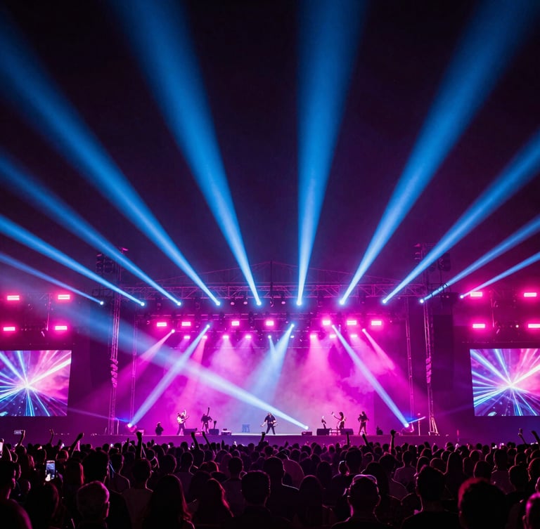 Dramatic wide-angle shot of a massive concert stage lighting rig, electric blue and magenta beams cutting through haze over a dark crowd, 35mm.
