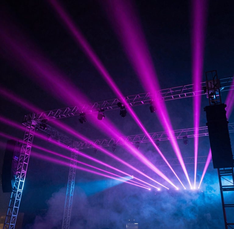 Low-angle shot of massive aluminum stage truss rigging silhouetted against intense magenta laser beams, smoke machine haze, 35mm dramatic photography