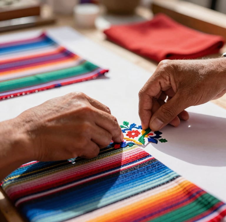 Close-up of colorful Mexican patterned fabrics being hand-cut in a sunlit workshop in Celaya, warm daylight, shallow depth of field.