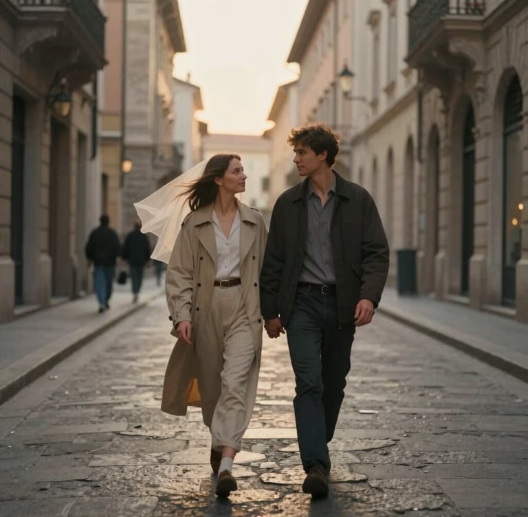 Cinematic medium-wide shot of a couple walking hand-in-hand down a historic European street at golden hour, warm natural light, soft 35mm film grain, wind blowing her veil, unposed, candid.