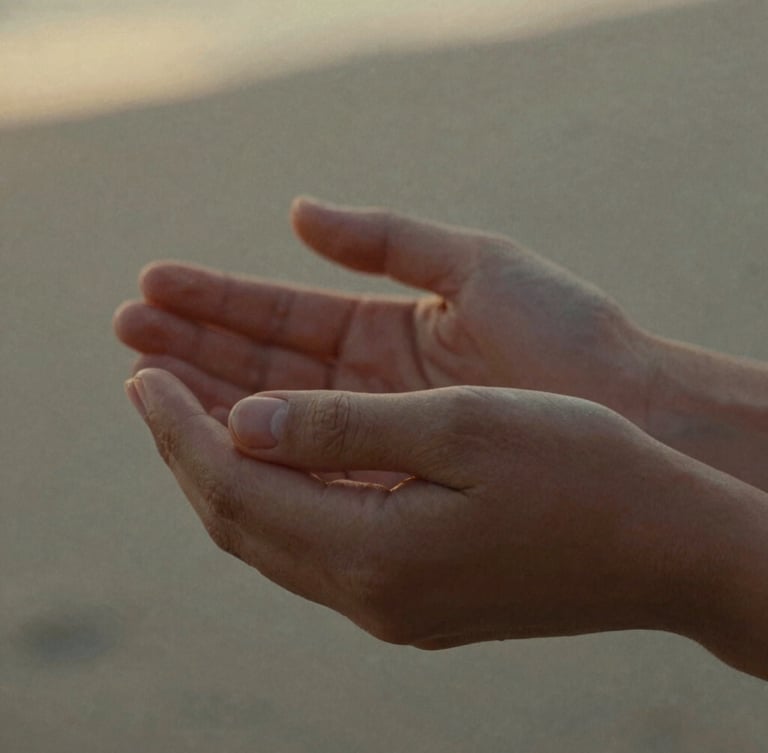 A close-up portrait of hands holding gently during a quiet moment, soft golden-hour natural light, muted earth tones, cinematic 35mm film grain, shallow depth of field.