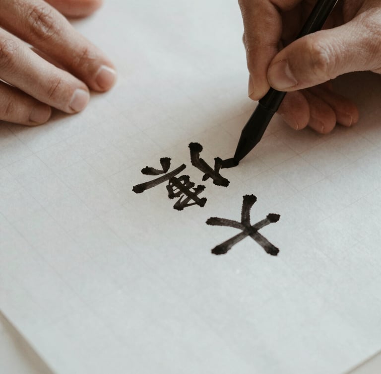 Close-up of hands writing Chinese calligraphy on handmade grid paper, the black ink slightly bleeding into the soft texture, warm indoor lamplight, quiet editorial composition.