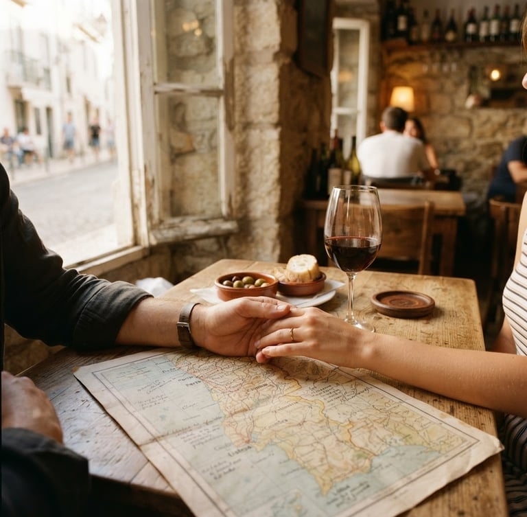 Wide shot of a couple's hands gently touching over a vintage map and a glass of red wine, soft golden-hour light from a window, warm editorial photography, authentic Portuguese atmosphere, 35mm film aesthetic