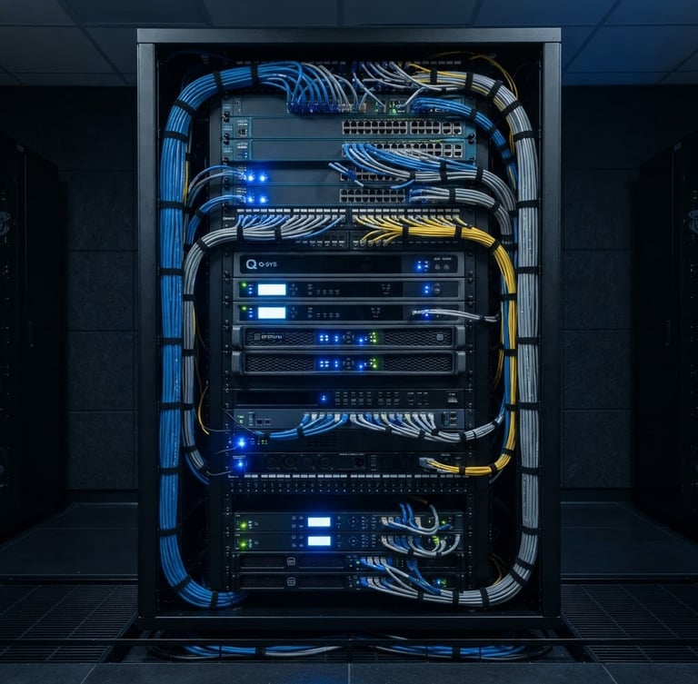Crisp architectural photography of a perfectly organized commercial AV rack, glowing blue status lights, immaculate cable management, 24mm wide-angle lens