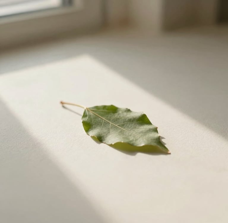 Warm editorial photography, soft diffused window light casting gentle shadows on a single delicate green leaf resting on a warm off-white paper texture, shallow depth of field, 35mm