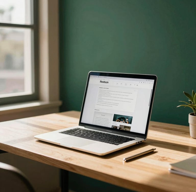 Warm editorial photography of a modern South African creative workspace, sunlight filtering through a window onto a clean wooden desk with a laptop displaying a website wireframe, 35mm, sharp focus, deep green and sand tones.