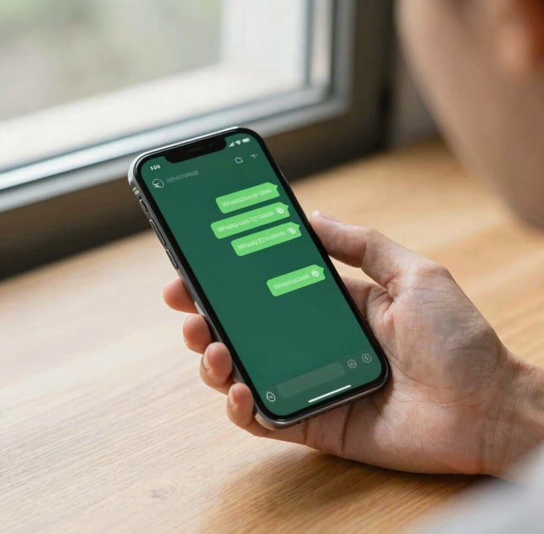 Warm editorial close-up of a business owner using a smartphone showing a WhatsApp chat on a wooden table, natural window light, 35mm