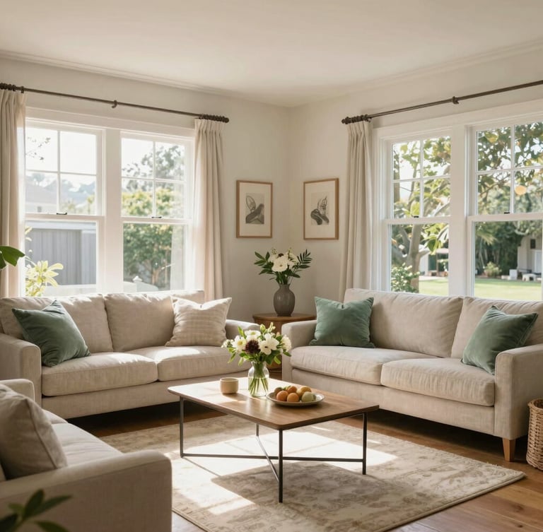 Sunlit residential living room with polished wooden floors, linen curtains blowing in a soft afternoon breeze, warm golden-hour window light, editorial photography