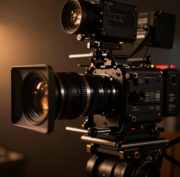 Extreme close-up of a high-end cinema camera rig on a dark film set, low-key dramatic lighting, high-contrast shadows, amber backlight, 35mm anamorphic lens, rich dark tones.