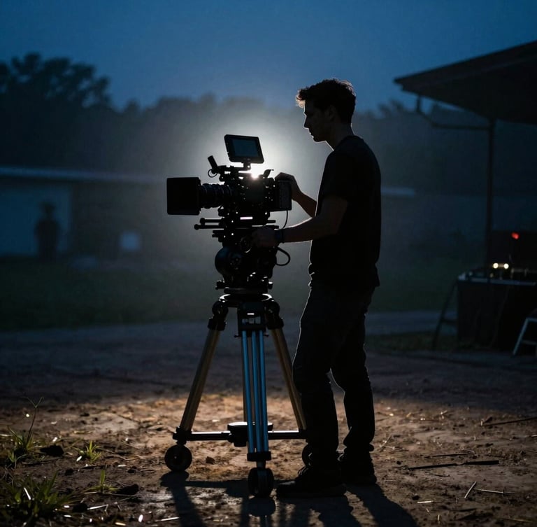 Cinematographer silhouette standing behind a camera rig on a moody film set, high-contrast shadows, blue hour natural light streaming through haze