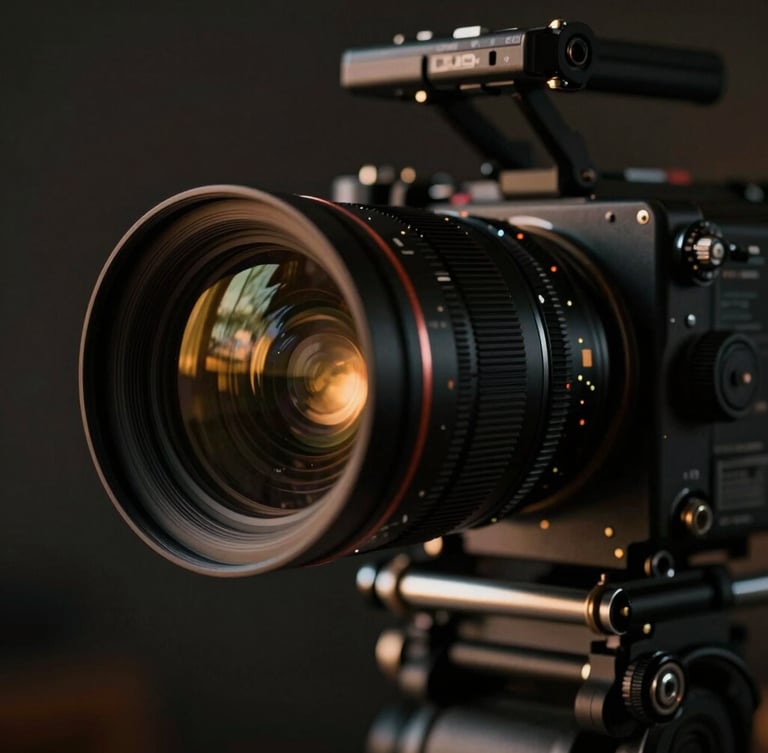 Extreme close-up of a high-end cinema camera rig, anamorphic lens reflecting low-key golden hour light, dark moody background, highly detailed
