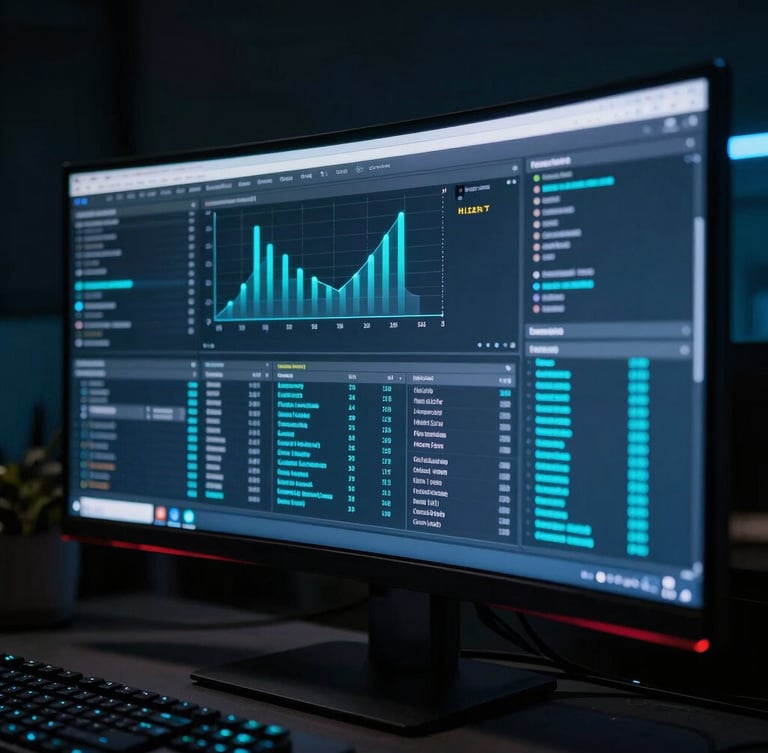 Sleek tech photography, cool ambient neon light, macro shot of a developer analyzing real-time data on an ultra-wide monitor, electric cyan reflections, deep shadows, sharp focus, 35mm