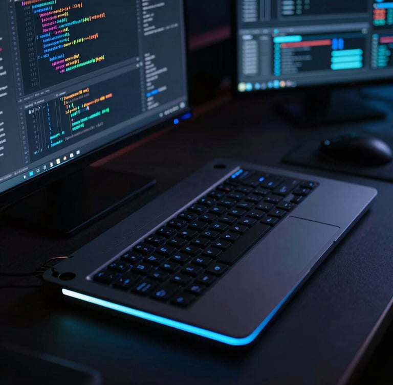 Sleek tech photography, deep shadows, close-up of a modern workstation with code and data visualization interfaces, cool ambient neon glow, sharp geometric composition, 35mm