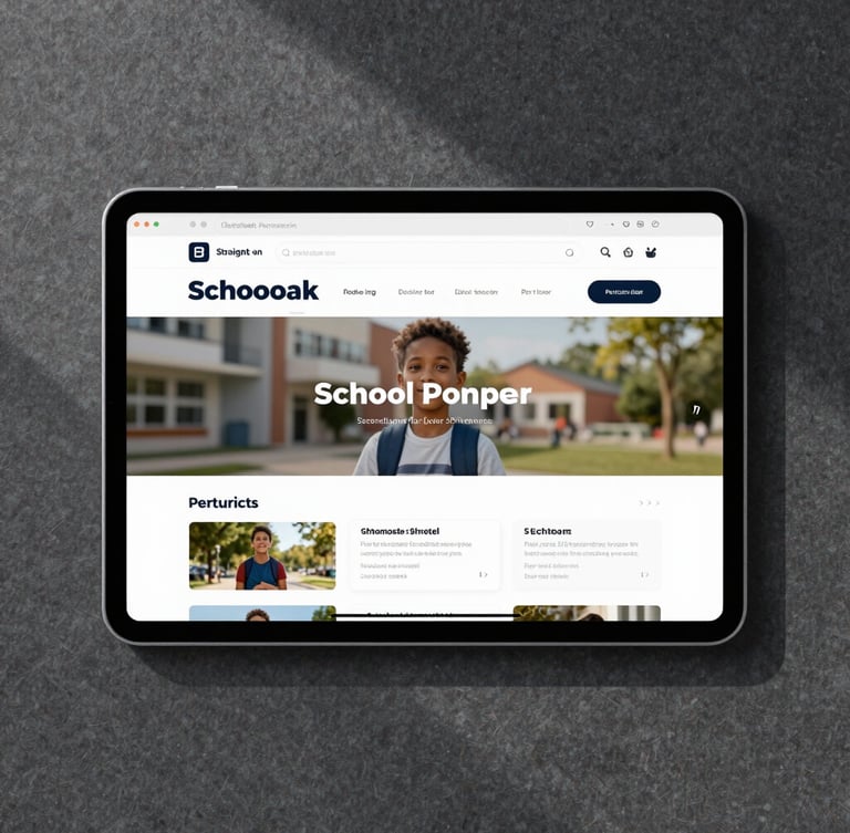 Straight-on flat-lay browser mockup of a modern school portal on a tablet, clean UI with a parent dashboard, crisp natural daylight casting soft shadows, high-contrast slate background.