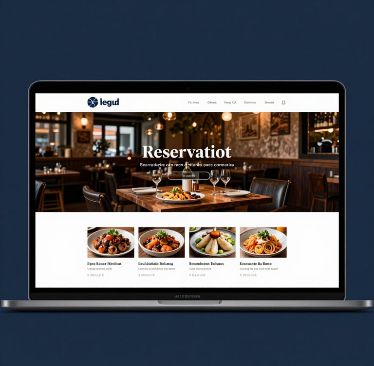 Straight-on clean browser mockup of a modern restaurant website showing a reservation screen and local menu, high-contrast studio lighting, deep slate slate-blue tones.
