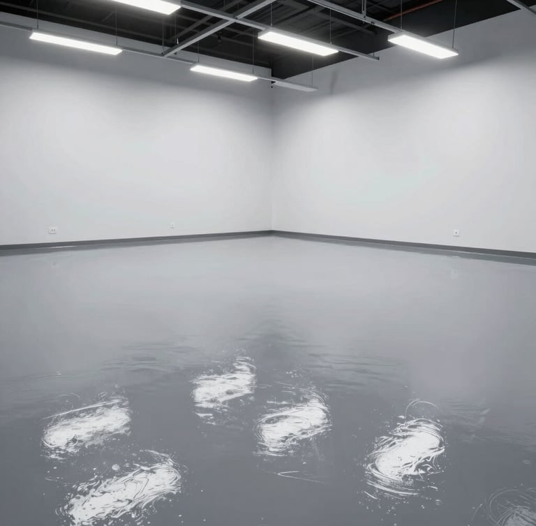 Wide-angle environmental shot of a high-gloss finished grey epoxy floor reflecting overhead industrial lights in a clean, modern Alberta garage, sharp reflections, clean white walls.