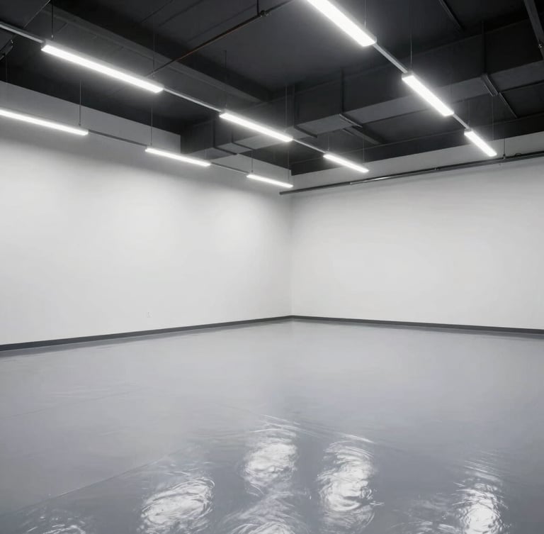 Wide-angle architectural photograph of a premium commercial garage with high-gloss grey epoxy flooring reflecting bright overhead industrial LED lights, clean white walls, spacious negative space.