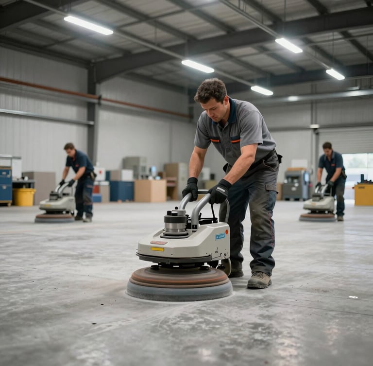 Wide-angle shot of professional floor technicians in clean uniforms grinding a large concrete warehouse floor in Alberta, bright overhead industrial lighting, focus on the machinery.