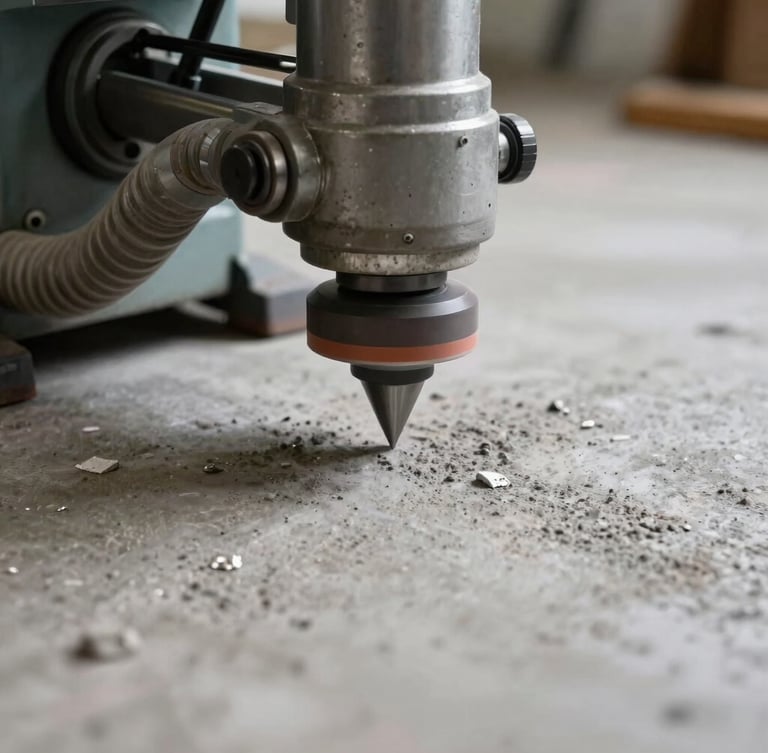 Close-up of diamond-grinding machine preparing a concrete floor surface, dust extraction hose visible, sharp industrial focus.