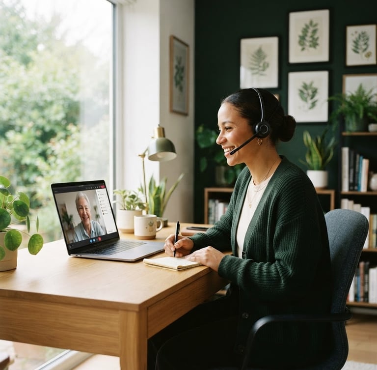 A professional remote healthcare assistant working in a bright modern workspace, soft natural window light, deep forest green accents, 35mm