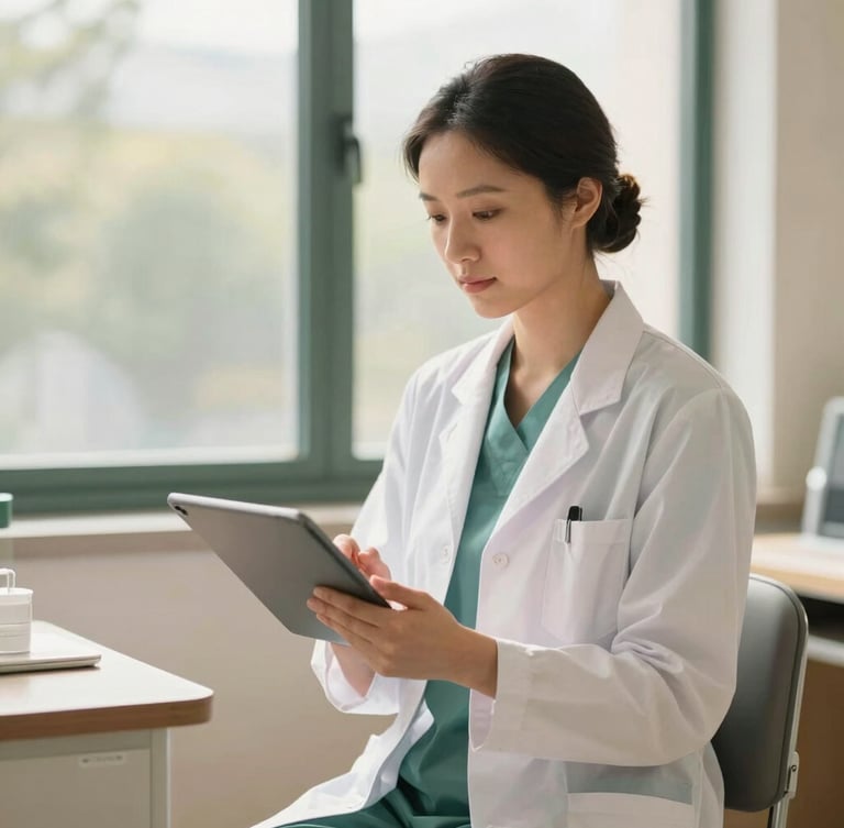 A clinician in a modern, warm-toned medical office interacting with a digital tablet, soft natural window light, professional 35mm editorial portrait.