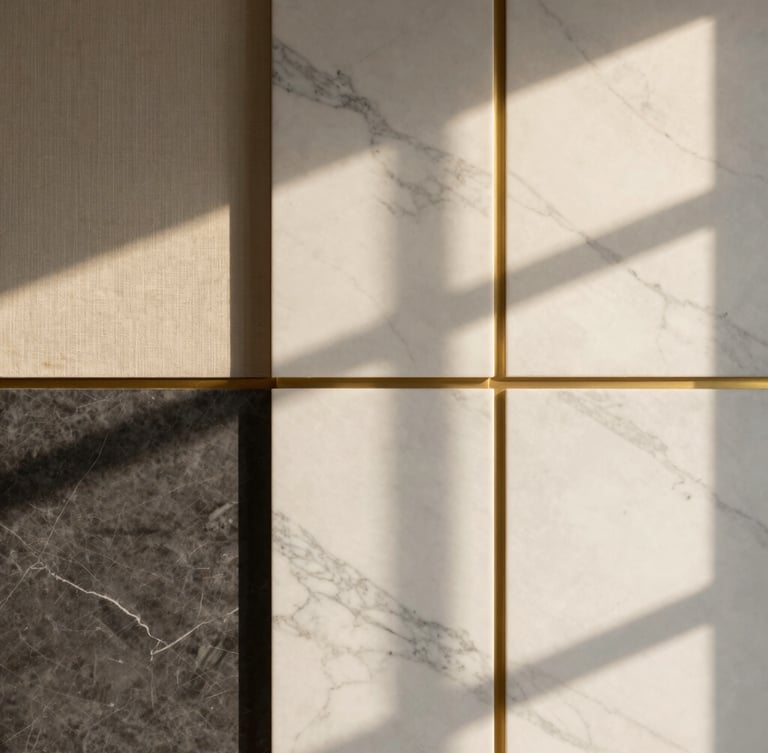 Close-up architectural photography of premium materials, veined white marble paired with brushed brass details and textured linen, soft golden-hour window shadows