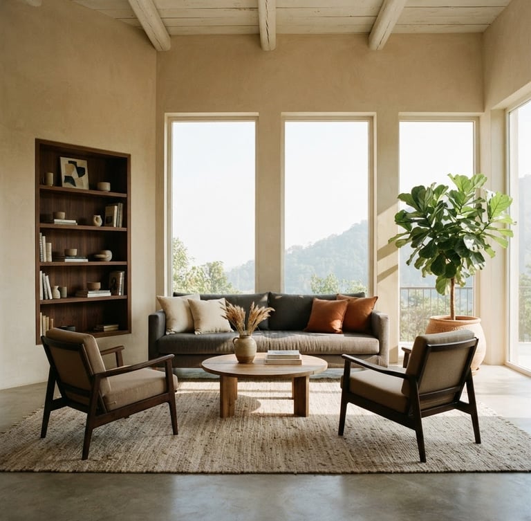 Straight-on architectural photograph of a sun-drenched Dehradun villa living room, soft morning light streaming through high windows, warm beige plaster walls, minimal luxury furniture, 35mm lens.
