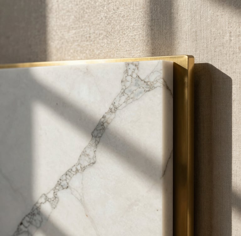 Close-up of premium materials, heavily veined white marble resting against textured raw linen and brushed brass accents, soft side window shadows, architectural digest style.