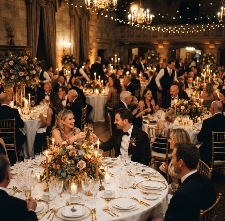 Amplio banquete de bodas elegante con iluminación cálida dorada, mesas finamente decoradas con centros florales exuberantes y cristalería, personas disfrutando discretamente en segundo plano, estilo cinematográfico, rica profundidad de campo.