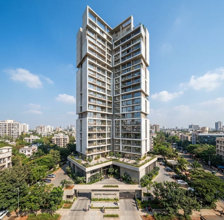 Bright architectural wide-angle photo of a modern residential tower in Vikhroli East, clean concrete lines, natural daylight, clear blue sky.