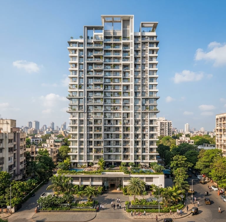 Bright architectural exterior of a modern Vaibhavlakshmi residential tower in Vikhroli East, clean lines, realistic scale, daytime sky background.