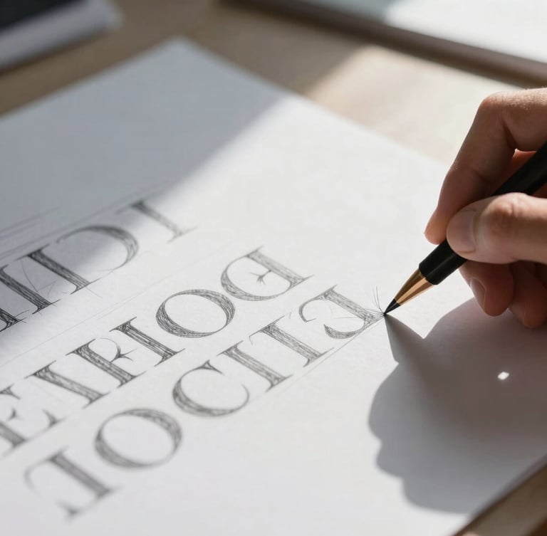 Extreme close-up of hands sketching clean typographic layouts on heavy paper, high-contrast natural light, sharp shadows.
