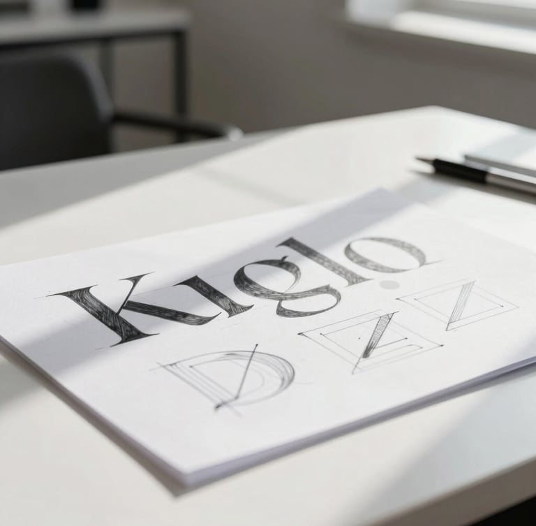 Extreme close-up of a designer sketching typographic letterforms on a clean white desk, sharp morning sunlight casting long dramatic shadows.