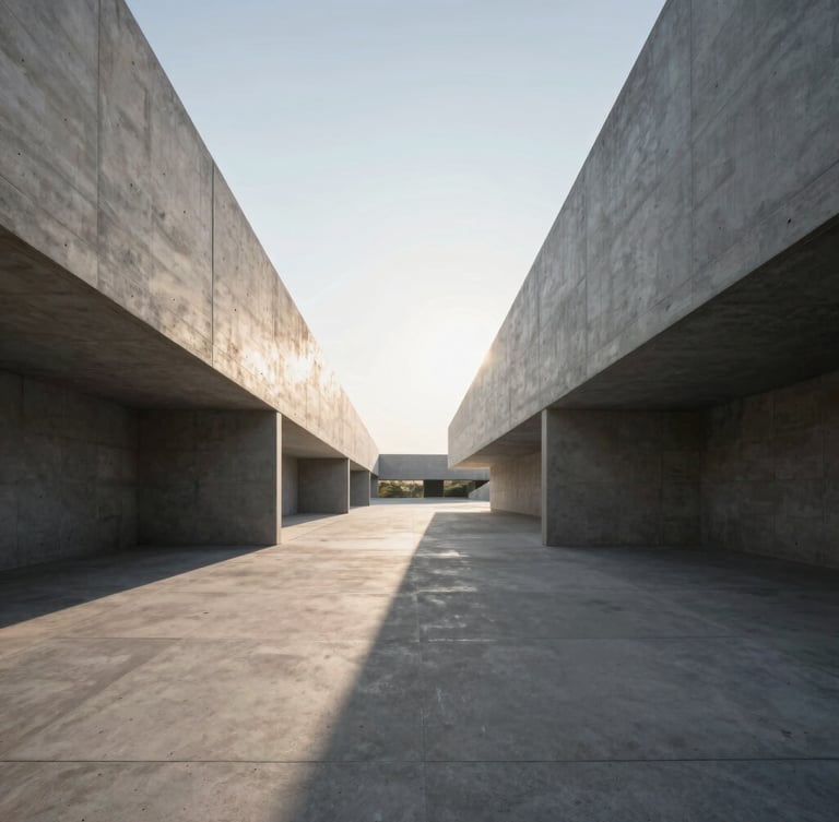 Wide environmental shot of a minimalist concrete building with sharp perspective lines pointing toward a bright morning horizon, high-contrast shadows.